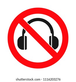 Headphones forbidden sign, no headphones allowed, crossed out headphone icon, vector illustration