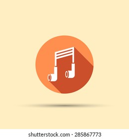 Headphones in the form of a musical note isolated vector round flat icon with long shadow