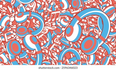 Headphones, gadgets and musical notes signs and symbols piled up in big dump of cacophony. Musical notes piled up in big heap. Vector banner for advertising of music party, disco or rock concert