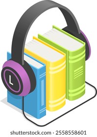 Headphones gently encircle a stack of vibrant books, symbolizing the immersive experience of listening to audiobooks and enjoying literature in a modern format