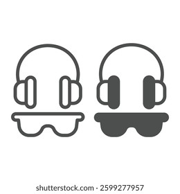 Headphones and glasses line and solid icon, making road concept. Vector graphics. Builder headset with sunglasses, construction sign on white background, outline style icon for mobile or web design