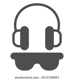 Headphones and glasses solid icon, making road concept. Vector graphics. Builder headset with sunglasses, construction sign on white background, glyph style icon for mobile or web design