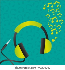 headphones green background pattern of headphones blue and music notes