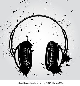 Headphones grunge style ink drawn on white background poster vector illustration