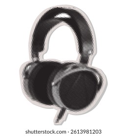 Headphones, halftone collage sticker. Fashionable music collage element. Modern retro grunge vector illustration with dots texture. Dotted photocopy on isolated background