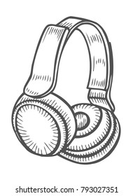 Headphones, Hand drawn Engraving vintage vector black. Isolated on white background. Stylish design with sketch illustration