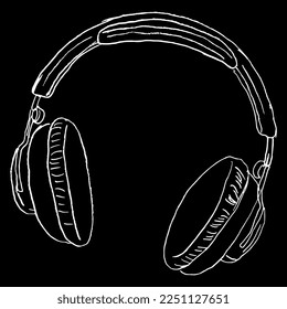 Headphones. Hand drawn linear doodle rough sketch. White silhouette on black background.
