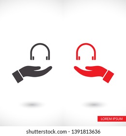 headphones in hand icon , lorem ipsum Flat design