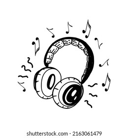 Headphones, hand-drawn in sketch style. A device for listening to music. Melody. Music. Notes. Vector simple illustration.