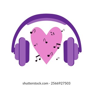 Headphones, headset with song playing with notes. Heart shape, Valentine's day, love. Musical notes flying out of headphones, illustration on white background.