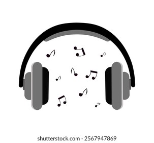 Headphones, headset with a song playing with notes. Hand drawn. Musical notes flying out of headphones black and white illustration, music listening concepts. 