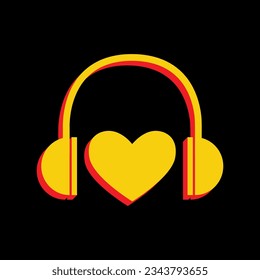 Headphones with heart. 3D Extruded Yellow Icon with Red Sides a Black background. Illustration.