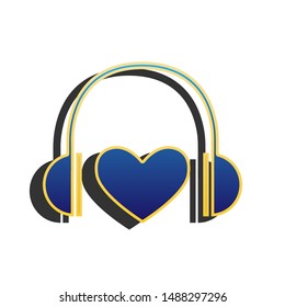 Headphones with heart. Blue icon with gold contour with dark gray shadow at white background. Illustration.