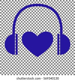Headphones with heart. Blue icon on transparent background.