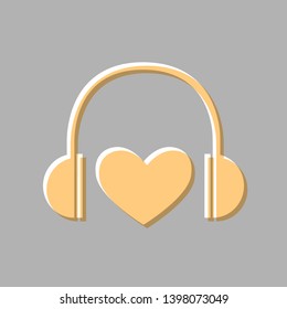 Headphones with heart. Emboss effect with light orange icon on gray background.