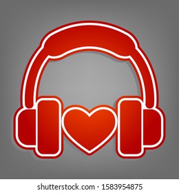 Headphones with heart. Flat red icon with linear white icon with gray shadow at grayish background. Illustration.