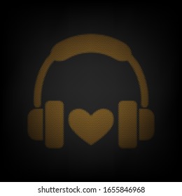Headphones with heart. Icon as grid of small orange light bulb in darkness. Illustration.