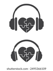 headphones with heart puzzle shape inside, music icon