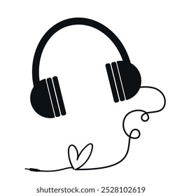 Auriculares con el cordón en forma de corazón aislado en el fondo blanco. Me encanta escuchar música. Ilustración vectorial