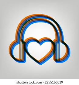 Headphones with heart. Stroked Icon in orange, azure and old lavender Colors at gray Background. Illustration.