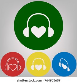Headphones with heart. Vector. 4 white styles of icon at 4 colored circles on light gray background.