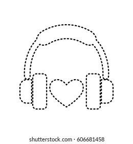 Headphones with heart. Vector. Black dashed icon on white background. Isolated.