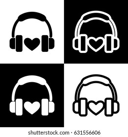 Headphones with heart. Vector. Black and white icons and line icon on chess board.