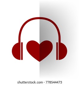 Headphones with heart. Vector. Bordo icon on white bending paper background.
