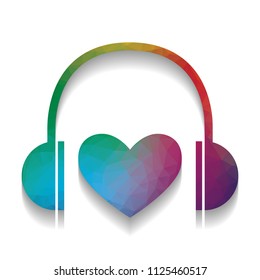 Headphones with heart. Vector. Colorful icon with bright texture of mosaic with soft shadow on white background. Isolated.