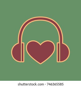 Headphones with heart. Vector. Cordovan icon and mellow apricot halo with light khaki filled space at russian green background.