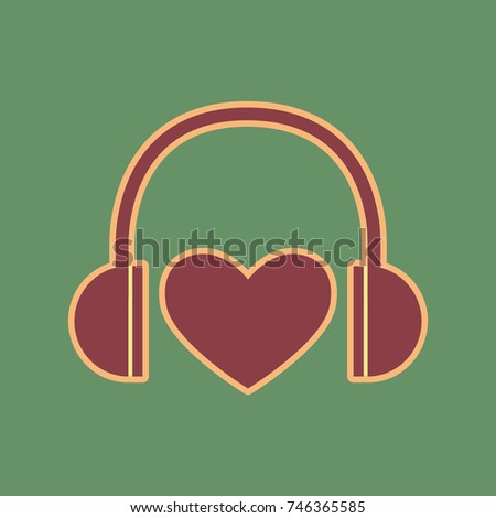 Headphones with heart. Vector. Cordovan icon and mellow apricot halo with light khaki filled space at russian green background.