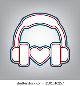 Headphones with heart. Vector. Dark red, transparent and midnight green stroke of white icon at grayish background.