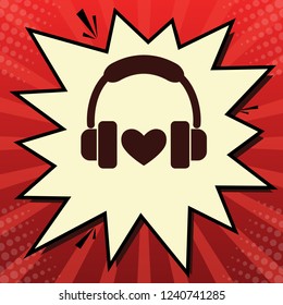 Headphones with heart. Vector. Dark red icon in lemon chiffon shutter bubble at red popart background with rays.