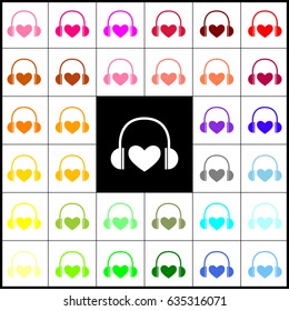 Headphones with heart. Vector. Felt-pen 33 colorful icons at white and black backgrounds. Colorfull.