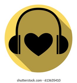 Headphones with heart. Vector. Flat black icon with flat shadow on royal yellow circle with white background. Isolated.