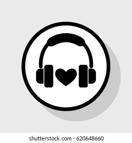 Headphones with heart. Vector. Flat black icon in white circle with shadow at gray background.