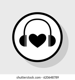 Headphones with heart. Vector. Flat black icon in white circle with shadow at gray background.