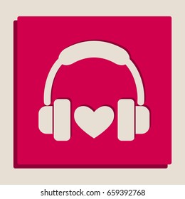 Headphones with heart. Vector. Grayscale version of Popart-style icon.