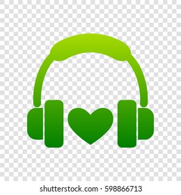 Headphones with heart. Vector. Green gradient icon on transparent background.