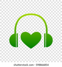 Headphones with heart. Vector. Green gradient icon on transparent background.