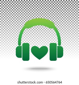 Headphones with heart. Vector. Green gradient icon with shadow at bottom on transparent and white background.