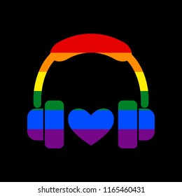 Headphones with heart. Vector. Icon with colors of LGBT flag at black background.