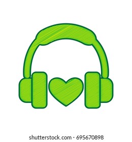 Headphones with heart. Vector. Lemon scribble icon on white background. Isolated