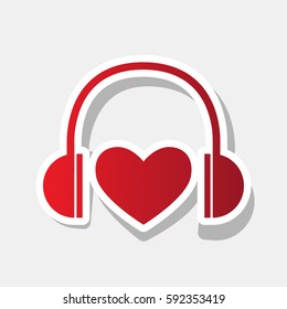 Headphones with heart. Vector. New year reddish icon with outside stroke and gray shadow on light gray background.