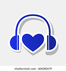 Headphones with heart. Vector. New year bluish icon with outside stroke and gray shadow on light gray background.