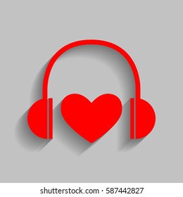 Headphones with heart. Vector. Red icon with soft shadow on gray background.