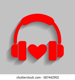 Headphones with heart. Vector. Red icon with soft shadow on gray background.