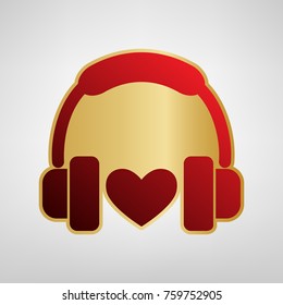 Headphones with heart. Vector. Red icon on gold sticker at light gray background.