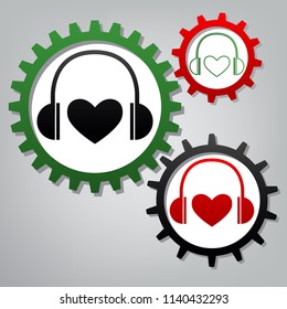 Headphones with heart. Vector. Three connected gears with icons at grayish background.