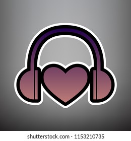 Headphones with heart. Vector. Violet gradient icon with black and white linear edges at gray background.